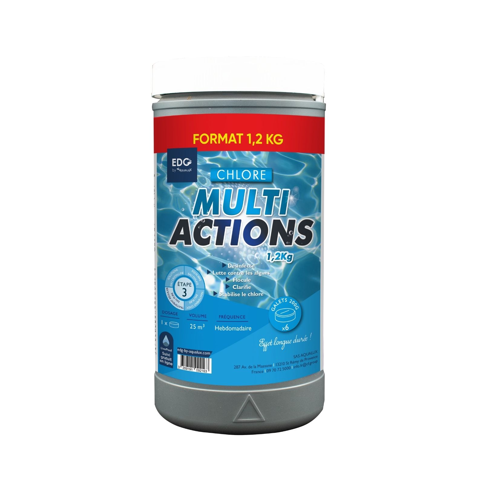Chlore multifonctions galets 200g EDG BY AQUALUX – boîte de 1,2kg non comburant